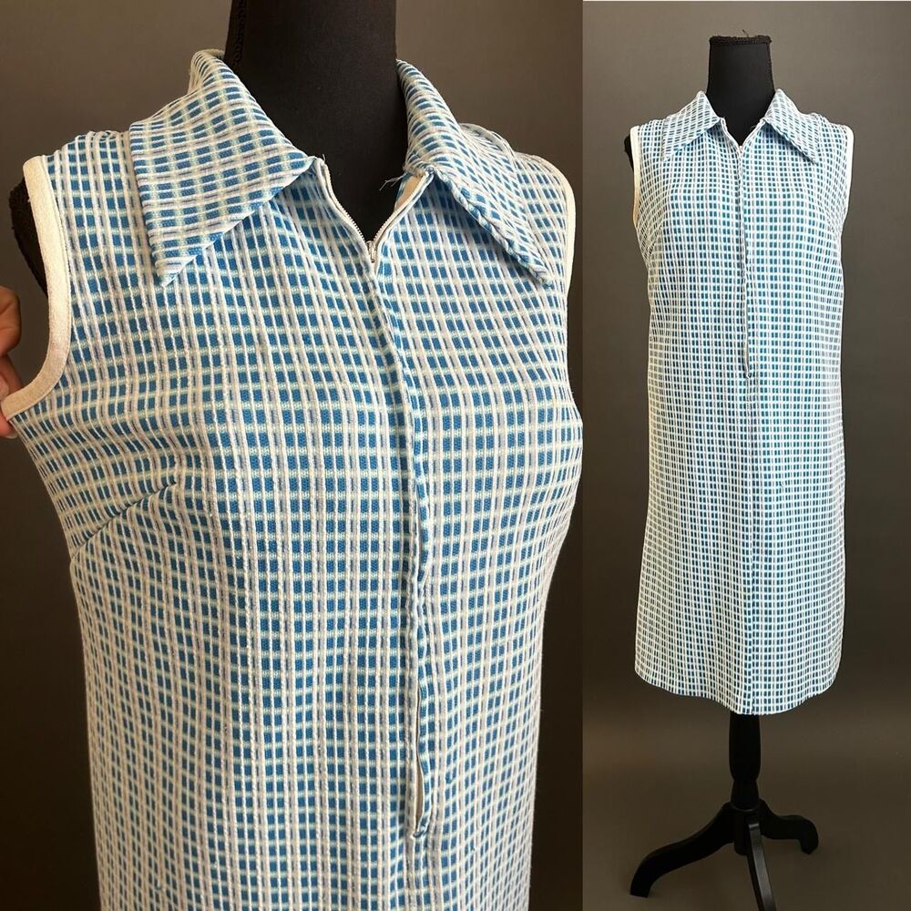 Vintage 1970s Blue Plaid Mod Zip Up Front Sheath Dress, Large